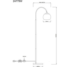 Technický výkres stojací lampy o rozměrech výška 150 cm, šířka stínidla 20 cm a maximální vyložení 46 cm.