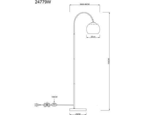Technický výkres stojací lampy o rozměrech výška 150 cm, šířka stínidla 20 cm a maximální vyložení 46 cm.