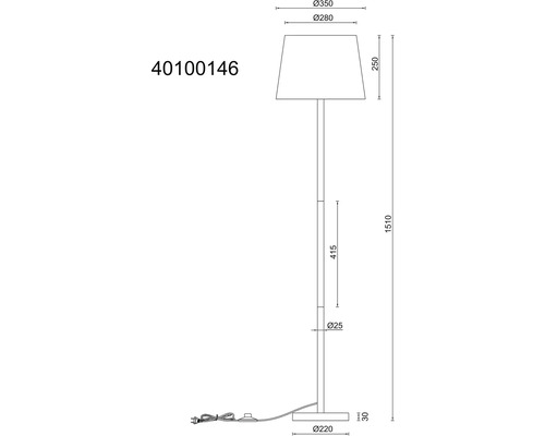 Technický výkres stojací lampy s rozměry 1510 mm výšky a 350 mm průměru stínidla.