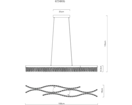 Technický výkres závěsného svítidla o rozměrech 135 cm výška, 25 cm upevnění ke stropu, 9,3 cm výška svítidla a 108 cm délka svítidla.