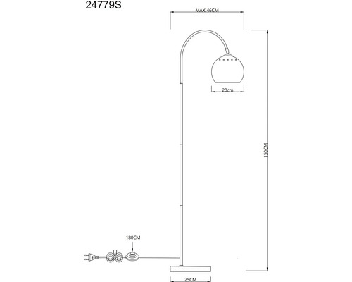 Technický nákres stojací lampy o rozměrech 150 cm výška, 46 cm vyložení, 20 cm průměr stínidla a 25 cm šířka základny.