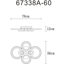 Technický nákres stropního svítidla o rozměrech 78 cm šířka, 12 cm výška a 56 cm hloubka.