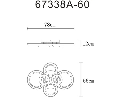Technický nákres stropního svítidla o rozměrech 78 cm šířka, 12 cm výška a 56 cm hloubka.