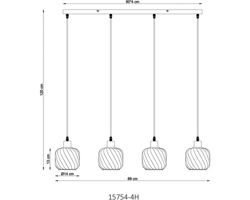 Technický výkres závěsného svítidla se čtyřmi světly a rozměry