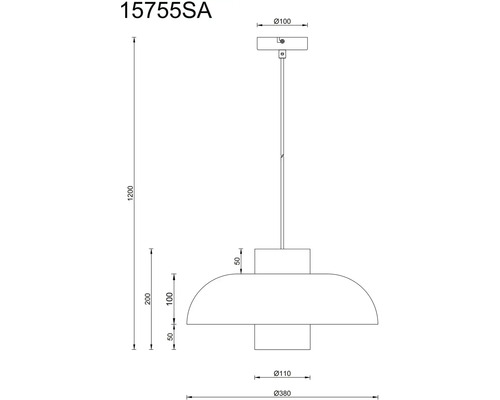 Technický nákres závěsného svítidla s rozměry