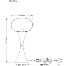 Technický výkres stolní lampy s rozměry: výška 370 mm, průměr stínidla 180 mm, průměr základny 110 mm, délka kabelu 1500 mm.