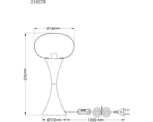 Technický výkres stolní lampy s rozměry: výška 370 mm, průměr stínidla 180 mm, průměr základny 110 mm, délka kabelu 1500 mm.