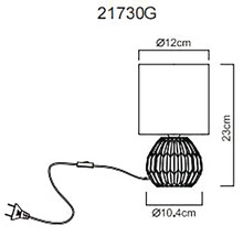 Technický nákres stolní lampy o rozměrech 23 cm na výšku a 12 cm v průměru