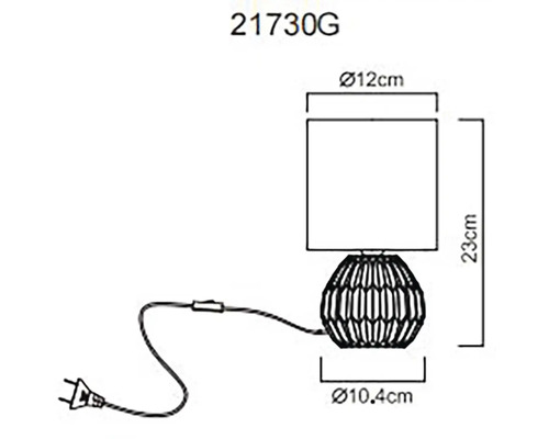 Technický nákres stolní lampy o rozměrech 23 cm na výšku a 12 cm v průměru