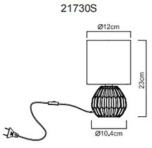 Technický nákres stolní lampy o rozměrech 23 centimetrů na výšku a 12 centimetrů v průměru.