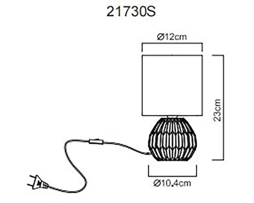 Technický nákres stolní lampy o rozměrech 23 centimetrů na výšku a 12 centimetrů v průměru.