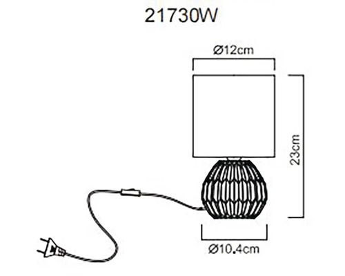 Nákres stolní lampy o rozměrech 23 x 12 x 10,4 centimetrů