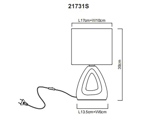 Náčrt stolní lampy s rozměry 30 cm výška, 17 cm délka a 10 cm šířka stínidla a 13,5 cm délka a 6 cm šířka základny.
