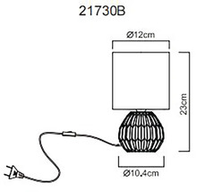 Technický nákres stolní lampy o rozměrech 23 cm výška, 12 cm průměr stínidla a 10,4 cm průměr základny lampy