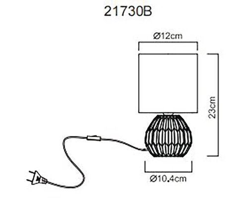 Technický nákres stolní lampy o rozměrech 23 cm výška, 12 cm průměr stínidla a 10,4 cm průměr základny lampy