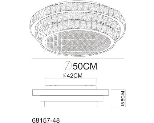 Technický výkres stropního svítidla o rozměrech 50 centimetrů v průměru, 42 centimetrů v průměru a 15,5 centimetrů na výšku.