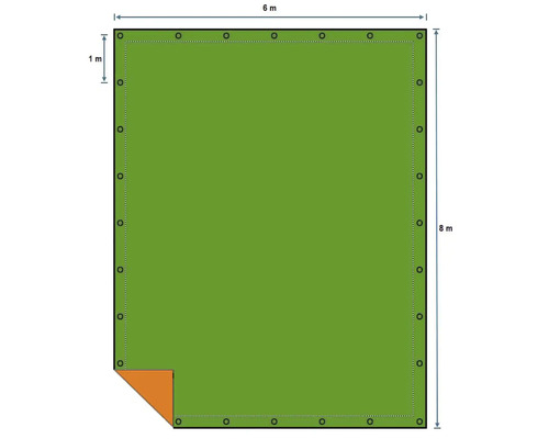 Přehled plachty o rozměrech šest krát osm metrů s oky