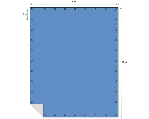 Obrázek obdélníkové plachty na bazén s oky a rozměry 8 metrů krát 10 metrů.