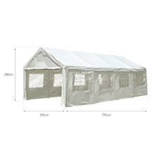 Bílý party stan o rozměrech 280 x 395 x 795 cm.