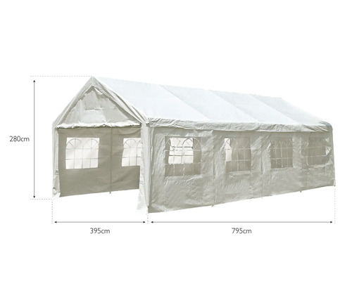 Bílý party stan o rozměrech 280 x 395 x 795 cm.
