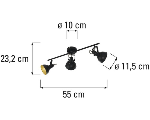 Stropní svítidlo se třemi bodovými světly a rozměry