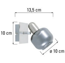 Nástěnné svítidlo o rozměrech 13,5 cm délka, 10 cm výška a 10 cm průměr