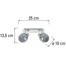 Stropní svítidlo se dvěma reflektory o rozměrech 25 cm šířka, 13,5 cm výška a 10 cm průměr