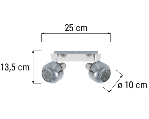 Stropní svítidlo se dvěma reflektory o rozměrech 25 cm šířka, 13,5 cm výška a 10 cm průměr