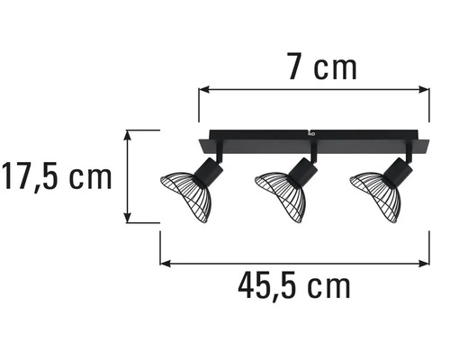 Rozměry černého stropního svítidla se třemi reflektory.