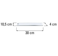 Obrázek rozměrů podsvětelné lampy: 30 centimetrů šířka, 10,5 centimetrů výška a 4 centimetry hloubka.