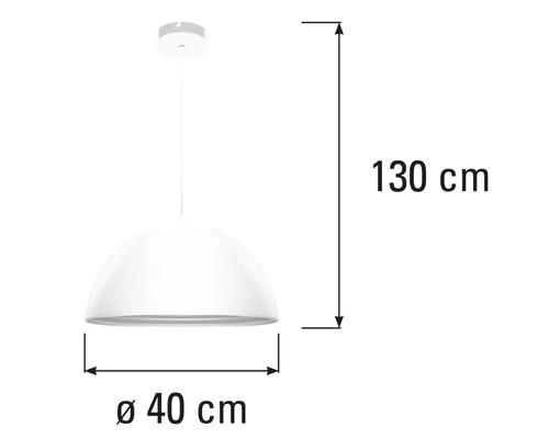 Závěsná lampa o průměru 40 cm a výšce 130 cm.