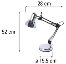 Nákres stolní lampy s rozměry 28, 52 a 15,5 centimetrů