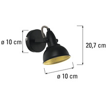 Černé nástěnné svítidlo o rozměrech 20,7 centimetrů na výšku a 10 centimetrů v průměru.