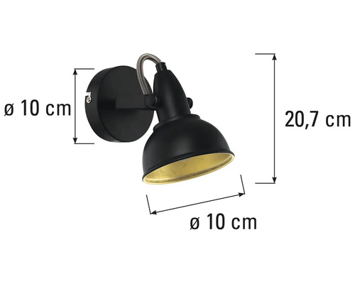 Černé nástěnné svítidlo o rozměrech 20,7 centimetrů na výšku a 10 centimetrů v průměru.