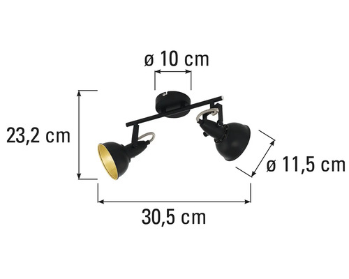 Rozměry černého stropního svítidla se dvěma reflektory.