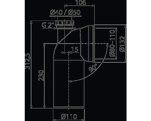 Technický nákres odtokového kolena s rozměry