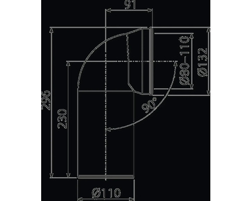 Technický nákres trubkového kolena s úhlem 90 stupňů a různými rozměry.