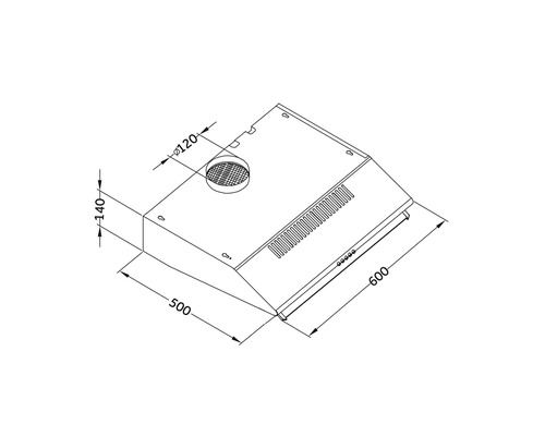 Technický výkres odsavače par s rozměry