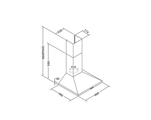 Technický nákres odsavače par s rozměry