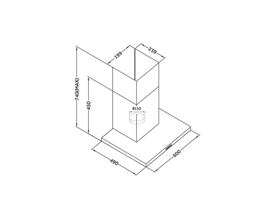 Technický nákres odsavače par s rozměry