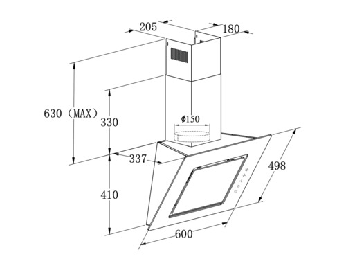 Technický nákres odsavače par s rozměry