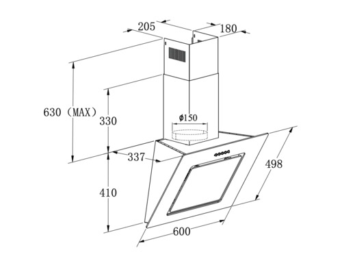 Technický výkres odsavače par s rozměry