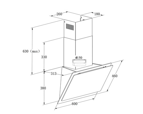 Technický nákres odsavače par s rozměry