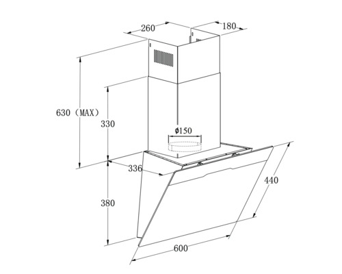 Technický výkres odsavače par s rozměry
