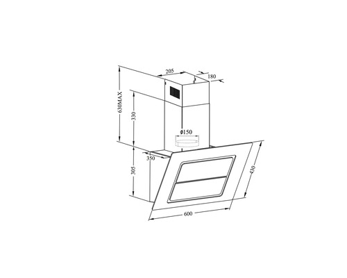 Technický výkres odsavače par s rozměry