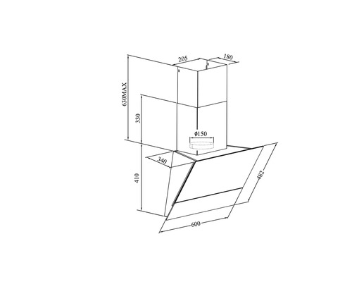 Technický nákres odsavače par s rozměry