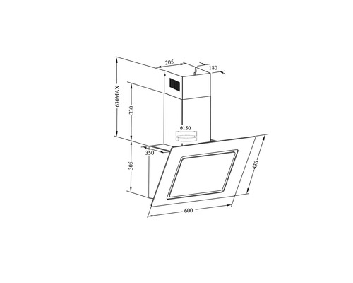 Technický nákres odsavače par s rozměry
