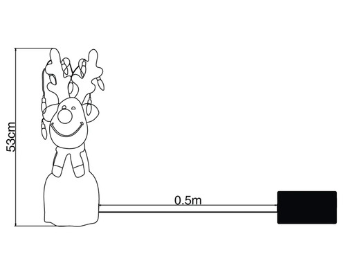 Nákres 53 centimetrů vysoké figurky soba se světelným řetězem a 0,5 metru dlouhým napájecím kabelem