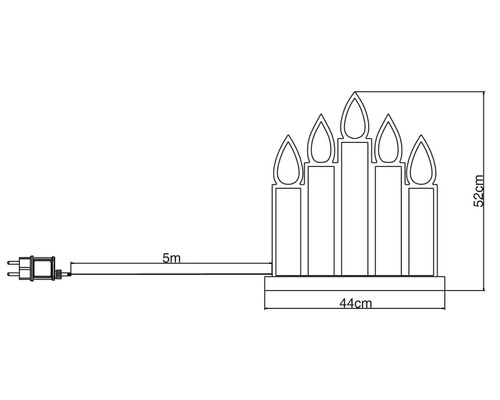 Technický výkres světelného řetězu s pěti svíčkami, šířka 44 cm a výška 52 cm, s pětimetrovým kabelem.