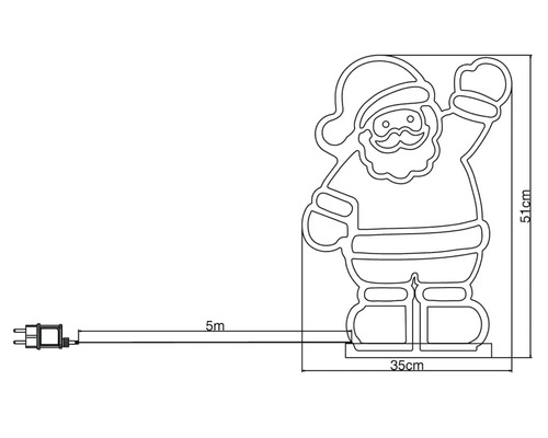 Rozměry světelné postavy Santa Clause: výška 51 cm a šířka 35 cm, délka kabelu 5 metrů